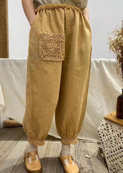 Taillierte Apricot Rüschen Patchwork Leinenhose Frühling