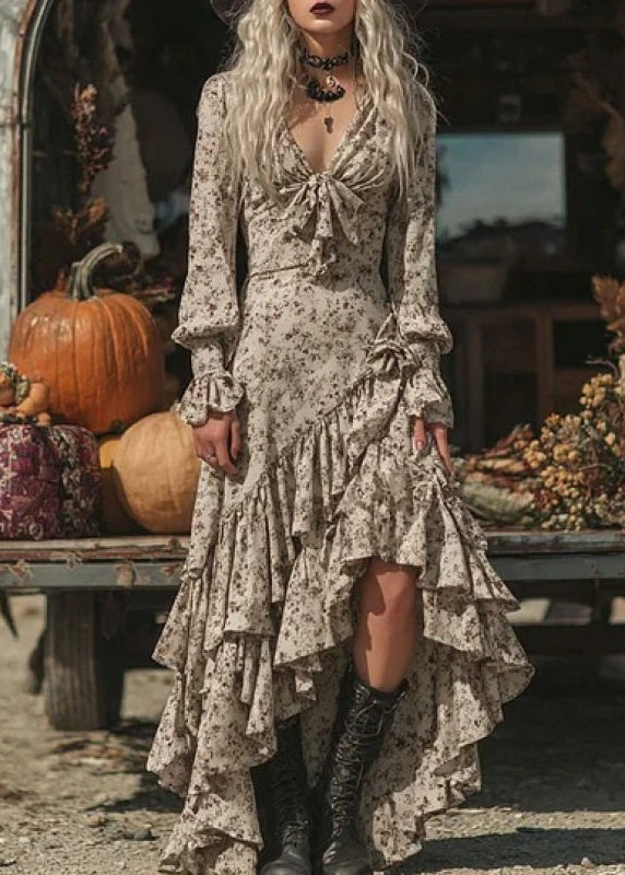 Fitted Apricot V Neck Print Asymmetrical Design Dress Long Sleeve
