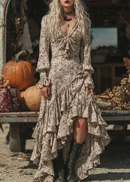 Fitted Apricot V Neck Print Asymmetrical Design Dress Long Sleeve