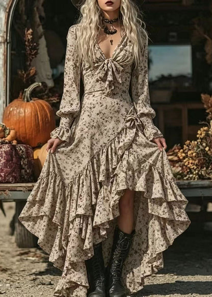 Fitted Apricot V Neck Print Asymmetrical Design Dress Long Sleeve