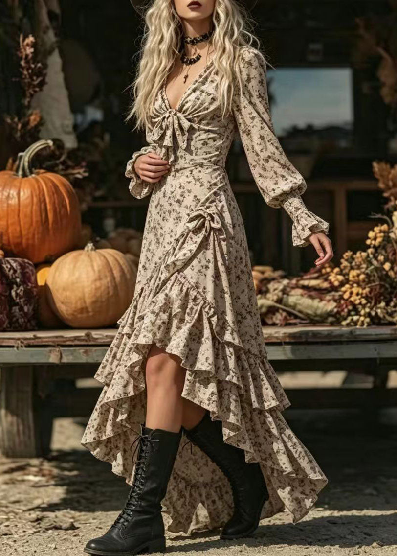 Fitted Apricot V Neck Print Asymmetrical Design Dress Long Sleeve