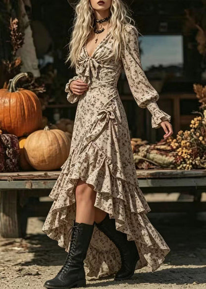 Fitted Apricot V Neck Print Asymmetrical Design Dress Long Sleeve