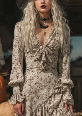 Fitted Apricot V Neck Print Asymmetrical Design Dress Long Sleeve