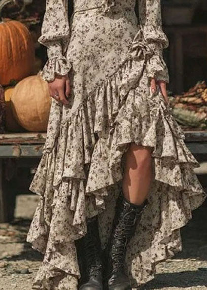 Fitted Apricot V Neck Print Asymmetrical Design Dress Long Sleeve