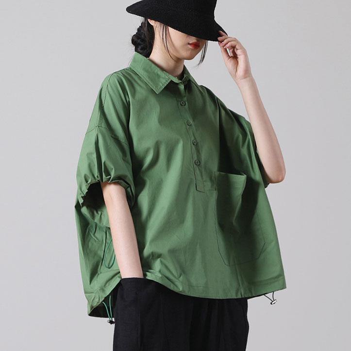 Fitted Army Green Peter Pan Collar Blouse Top Short Sleeve - SooLinen