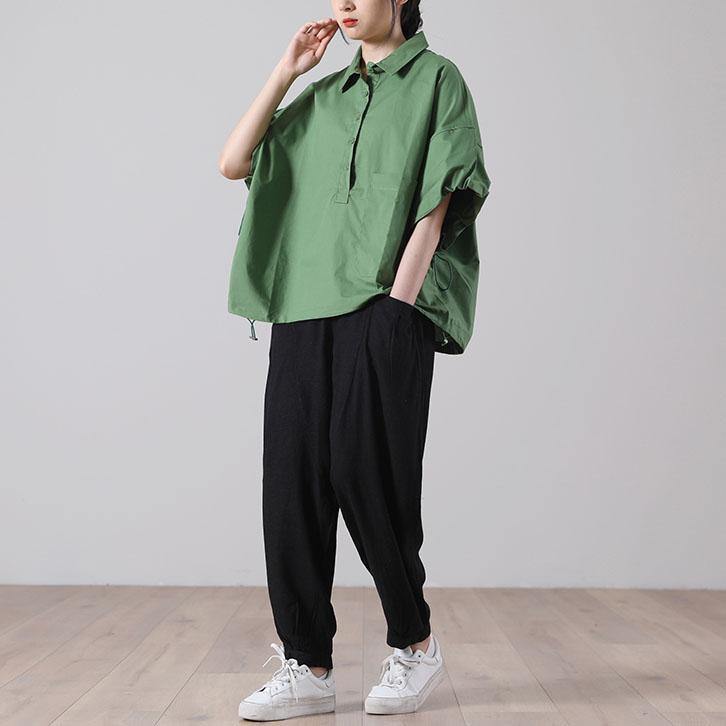 Fitted Army Green Peter Pan Collar Blouse Top Short Sleeve - SooLinen