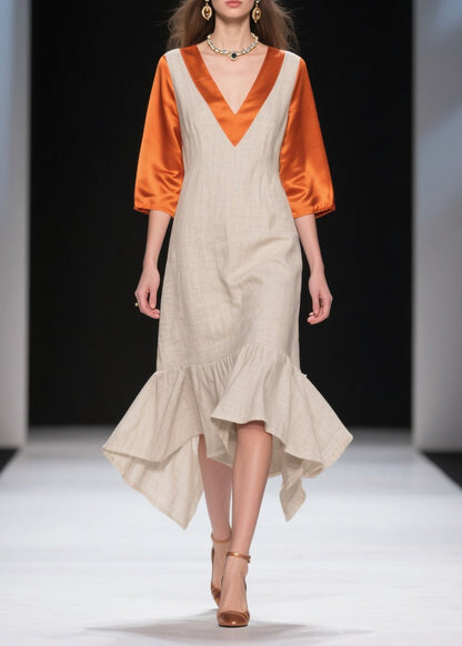 Fitted Beige Asymmetrical Patchwork Linen Silk Fake Two Piece Dresses Summer