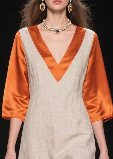 Fitted Beige Asymmetrical Patchwork Linen Silk Fake Two Piece Dresses Summer