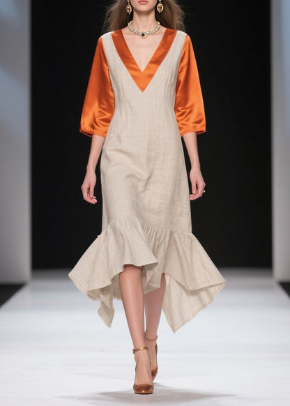 Fitted Beige Asymmetrical Patchwork Linen Silk Fake Two Piece Dresses Summer