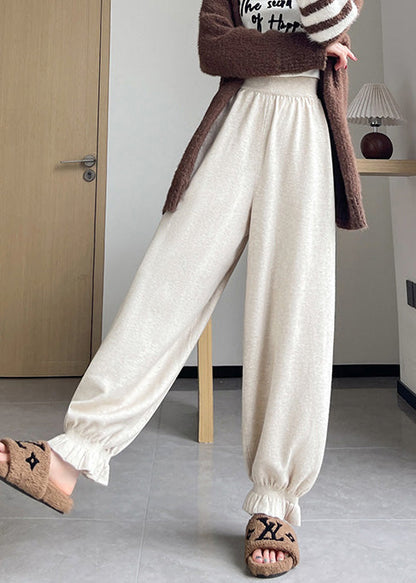 Beige, taillierte Strickhose mit elastischem Bund, Frühling