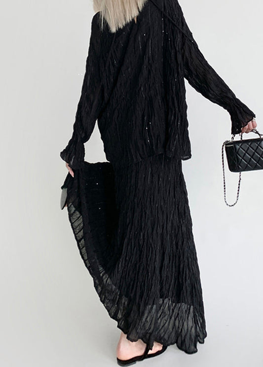 Fitted Beige O-Neck Wrinkled Top And A Line Skirts Two Pieces Set Lantern Sleeve