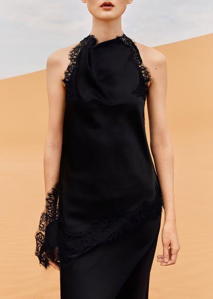 Fitted Black Asymmetrical Lace Patchwork Chiffon Halter Top Summer