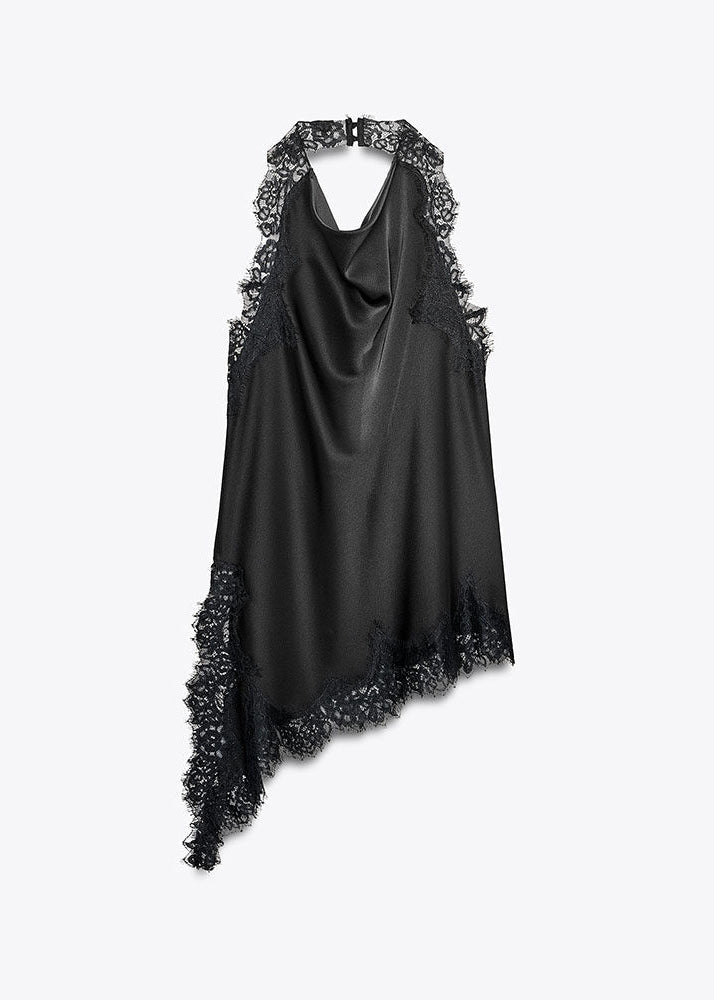 Fitted Black Asymmetrical Lace Patchwork Chiffon Halter Top Summer