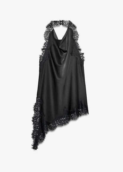 Fitted Black Asymmetrical Lace Patchwork Chiffon Halter Top Summer