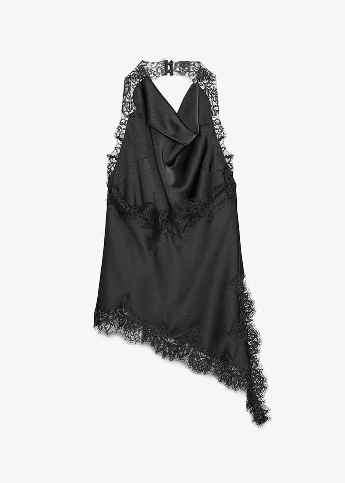 Fitted Black Asymmetrical Lace Patchwork Chiffon Halter Top Summer