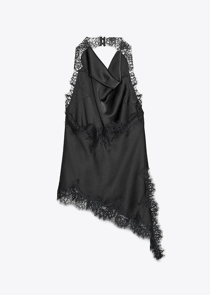 Fitted Black Asymmetrical Lace Patchwork Chiffon Halter Top Summer