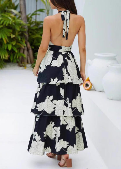 Fitted Black Backless Print Vacation Dresses Summer