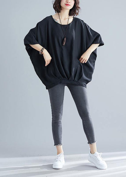 Fitted Black Batwing Sleeve Summer Tops - SooLinen