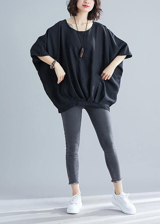 Fitted Black Batwing Sleeve Summer Tops - SooLinen
