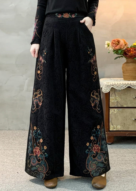 Fitted Black Embroidered Jacquard Warm Fleece Wide Leg Pants Winter