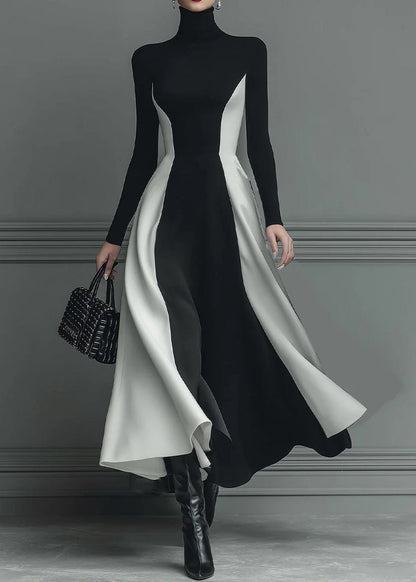 Fitted Black Hign Neck Patchwork Cotton Long Dress Spring