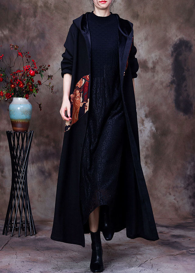 Taillierter schwarzer Kapuzen-Print, warmer Fleece-Woll-Trenchcoat