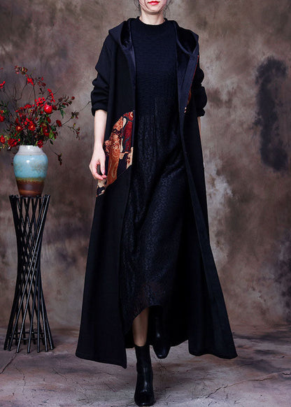 Taillierter schwarzer Kapuzen-Print, warmer Fleece-Woll-Trenchcoat