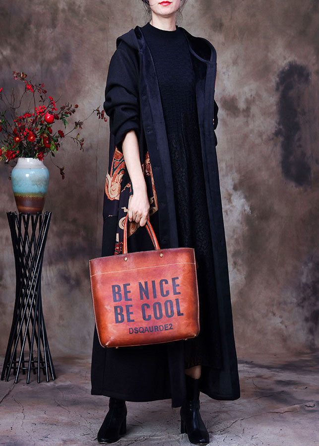 Taillierter schwarzer Kapuzen-Print, warmer Fleece-Woll-Trenchcoat