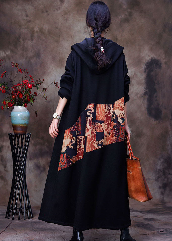 Taillierter schwarzer Kapuzen-Print, warmer Fleece-Woll-Trenchcoat