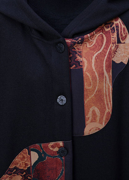 Taillierter schwarzer Kapuzen-Print, warmer Fleece-Woll-Trenchcoat