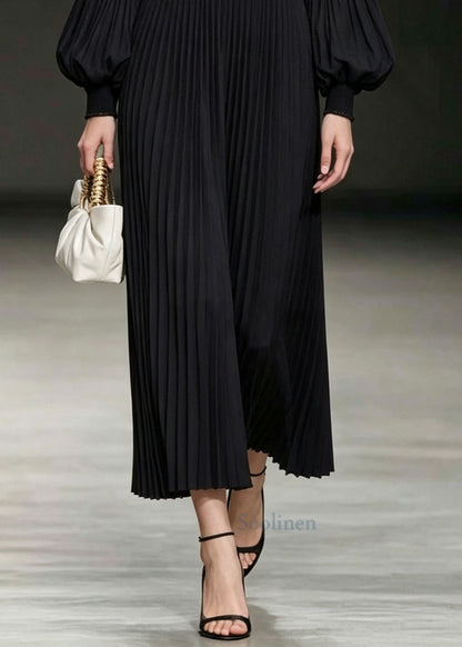 Fitted Black O-Neck Cotton Pleated Dresses Lantern Sleeve