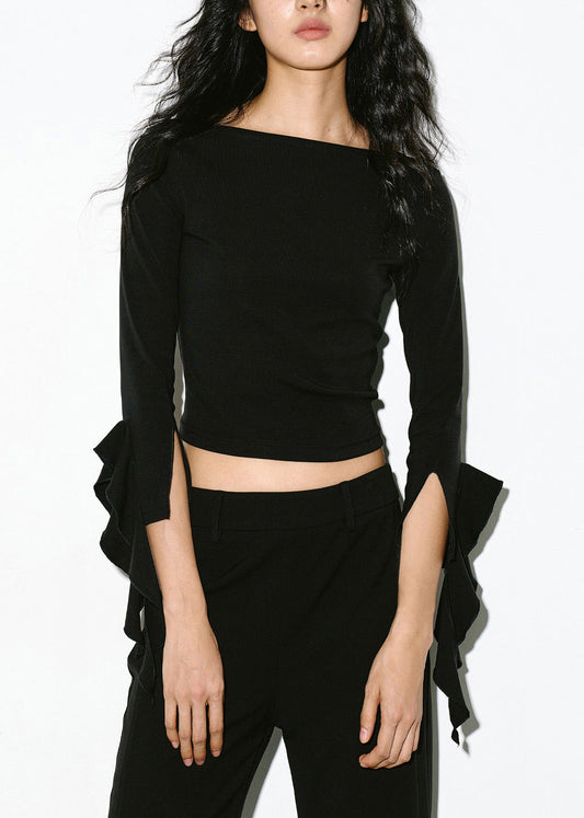 Fitted Black O Neck Ruffled Cotton Tops Bracelet Sleeve