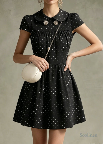 Fitted Black Oversized Print Cotton Mid Dress Summer