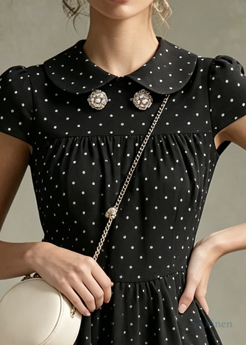 Fitted Black Oversized Print Cotton Mid Dress Summer