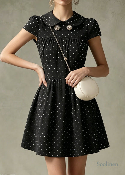 Fitted Black Oversized Print Cotton Mid Dress Summer