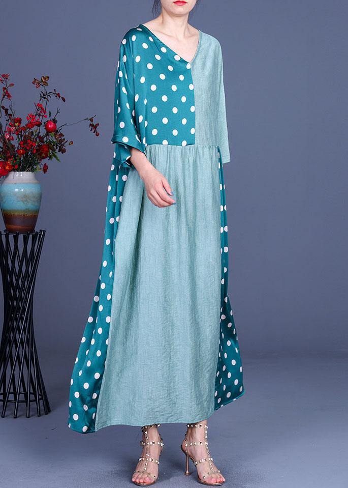 Fitted Black Patchwork Dot V Neck Silk Ankle Dress Summer - SooLinen