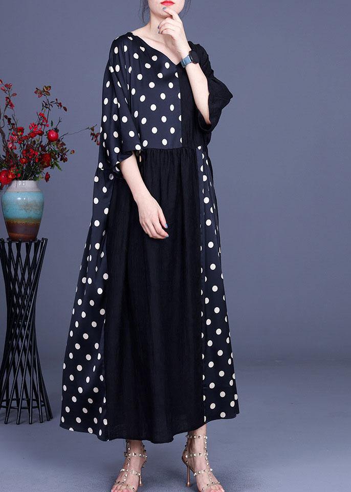 Fitted Black Patchwork Dot V Neck Silk Ankle Dress Summer - SooLinen