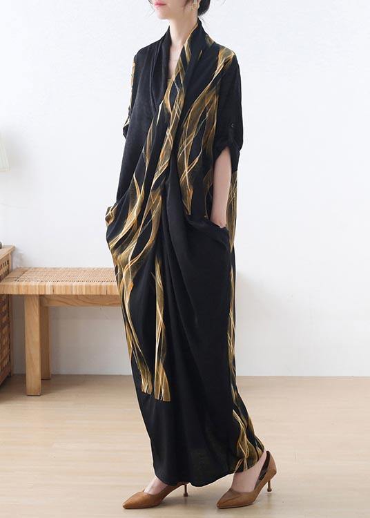 Fitted Black Print Chiffon asymmetrical design Summer Holiday Dress - SooLinen