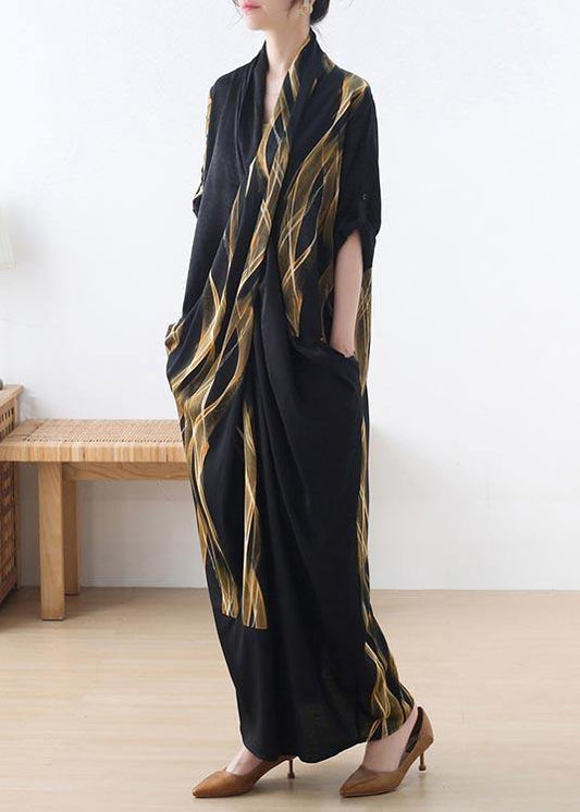 Fitted Black Print Chiffon asymmetrical design Summer Holiday Dress - SooLinen