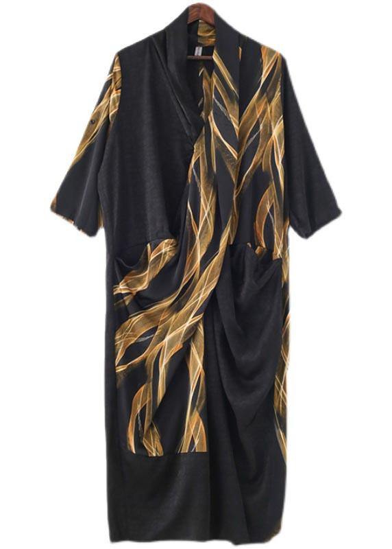 Fitted Black Print Chiffon asymmetrical design Summer Holiday Dress - SooLinen