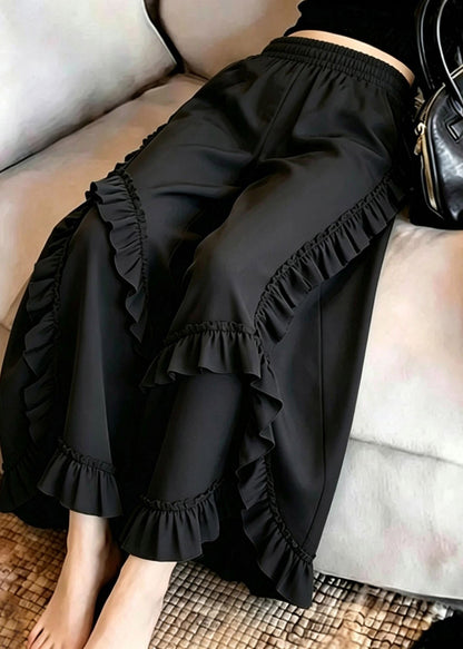 Fitted Black Ruffled Elastic Waist Crop Wide Leg Pants