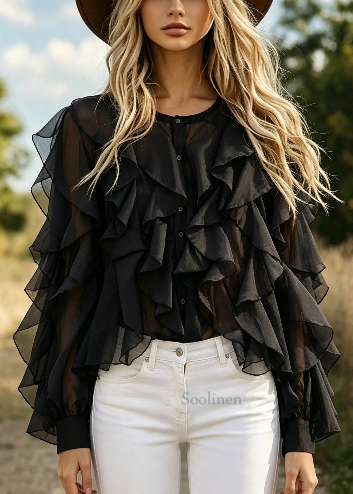 Fitted Black Ruffled Oversized Chiffon Tops Summer