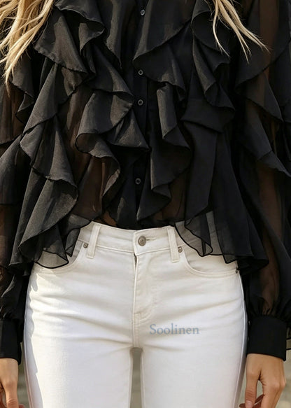 Fitted Black Ruffled Oversized Chiffon Tops Summer