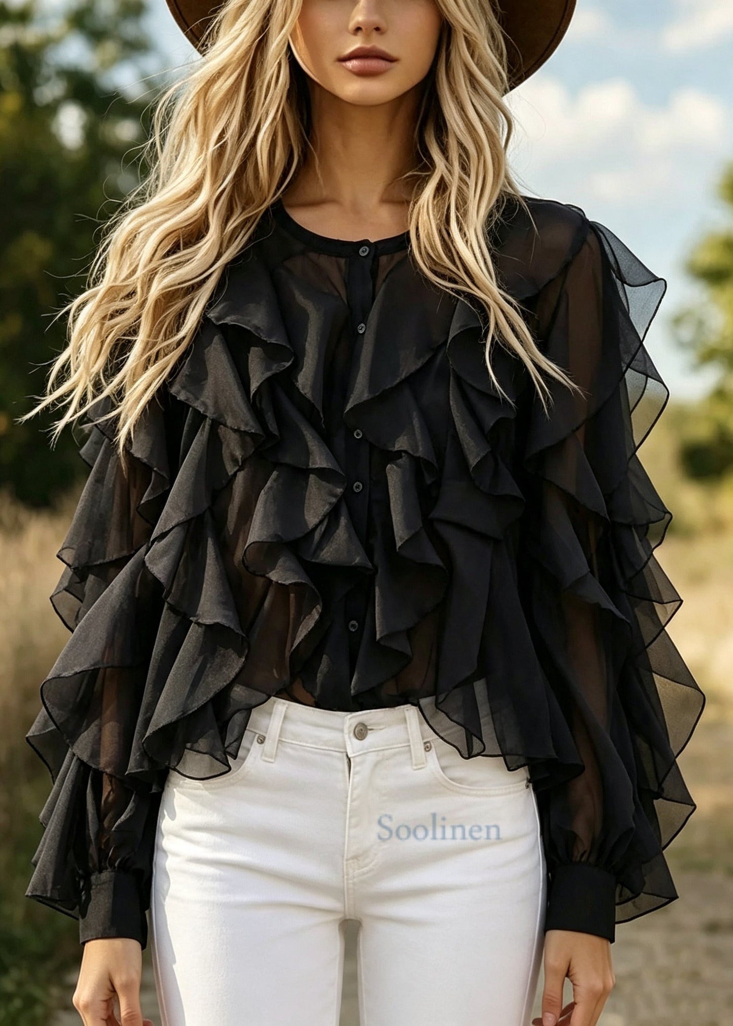 Fitted Black Ruffled Oversized Chiffon Tops Summer