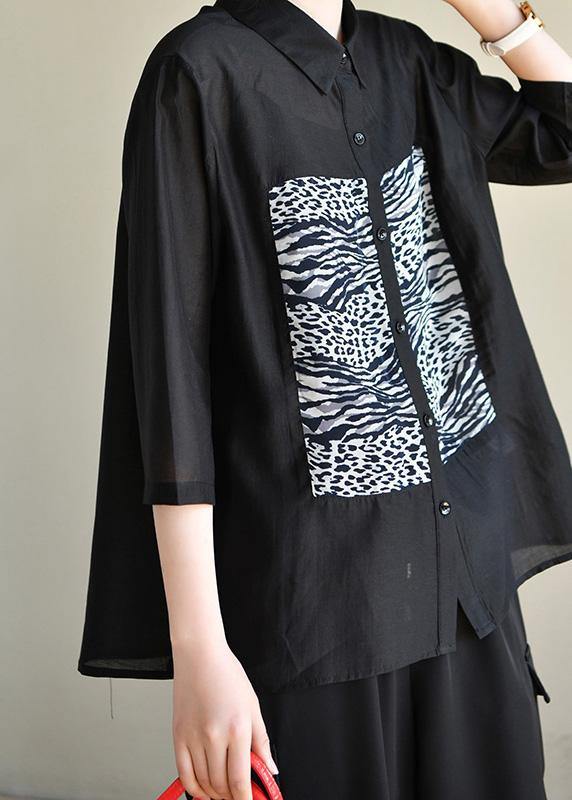 Fitted Black Striped Patchwork Blouses Half Sleeve Spring - SooLinen