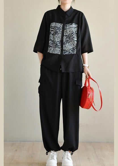 Fitted Black Striped Patchwork Blouses Half Sleeve Spring - SooLinen