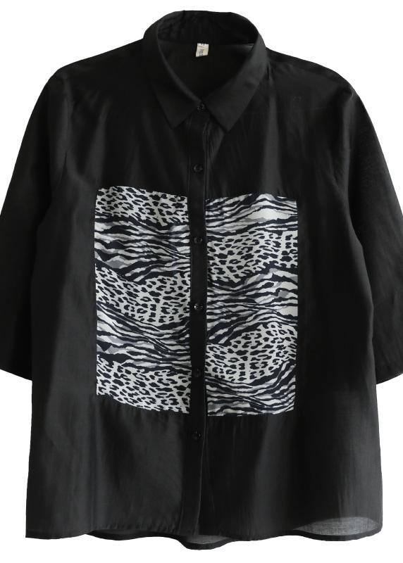 Fitted Black Striped Patchwork Blouses Half Sleeve Spring - SooLinen