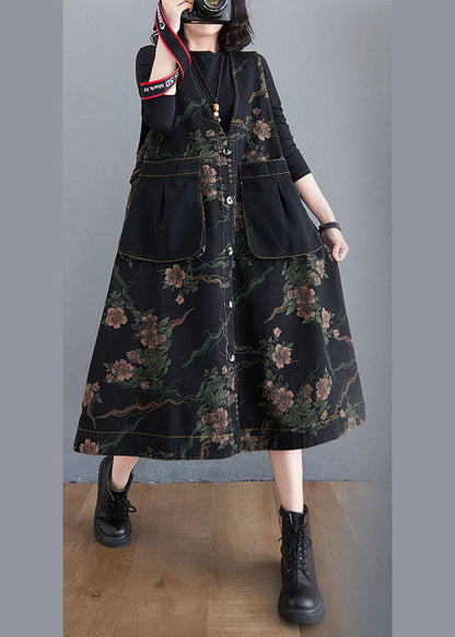 Figurbetonte schwarze Weste mit V-Ausschnitt, Knopftaschen und Print, ärmellos, für den Herbst