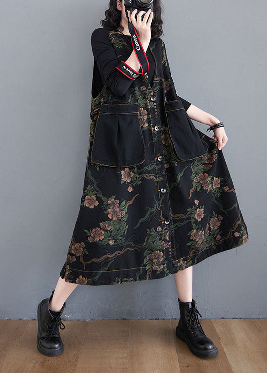 Figurbetonte schwarze Weste mit V-Ausschnitt, Knopftaschen und Print, ärmellos, für den Herbst