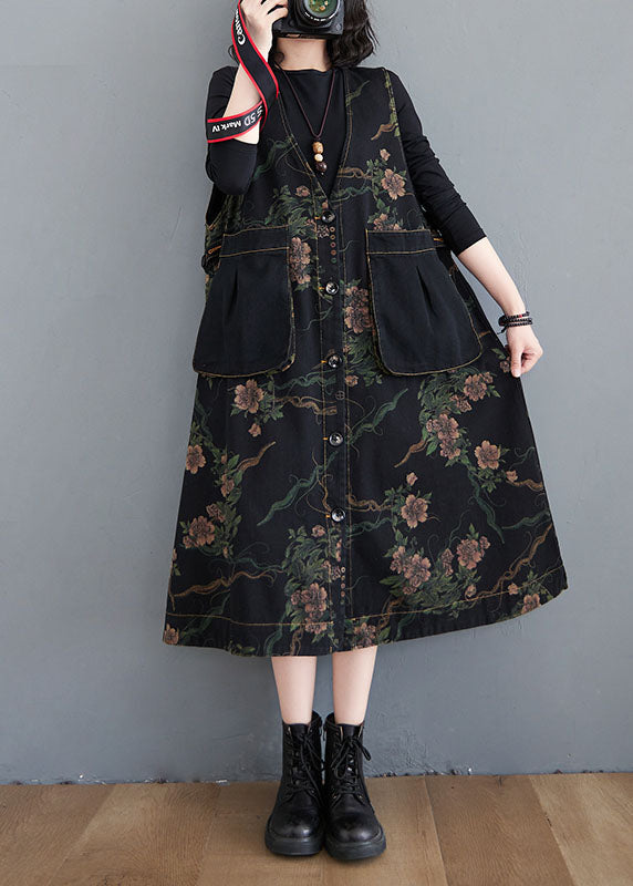 Figurbetonte schwarze Weste mit V-Ausschnitt, Knopftaschen und Print, ärmellos, für den Herbst